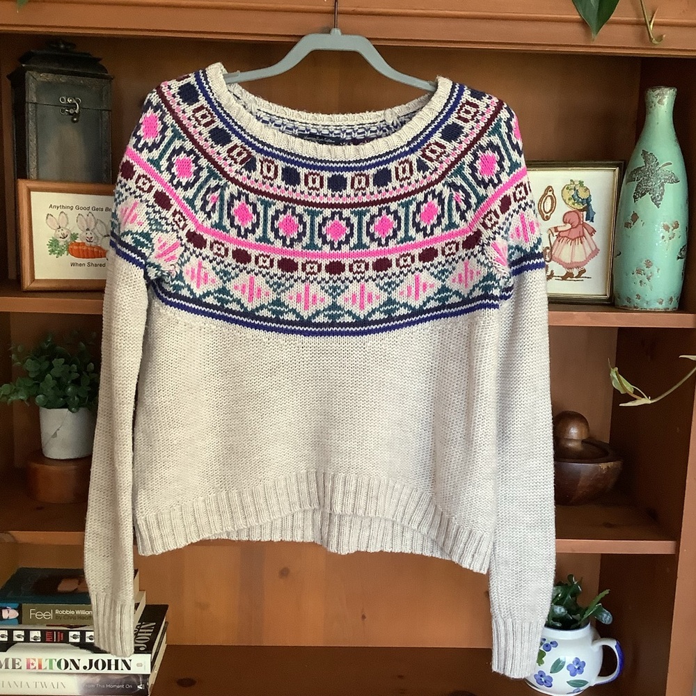 American Eagle Fair Isle Sweater Cream Multicolour Pullover Knit Size M - Picture 2 of 9